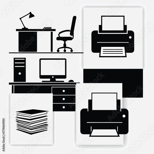 Office desk with computer, printer, lamp, chair and stack of papers, a comprehensive workspace setup