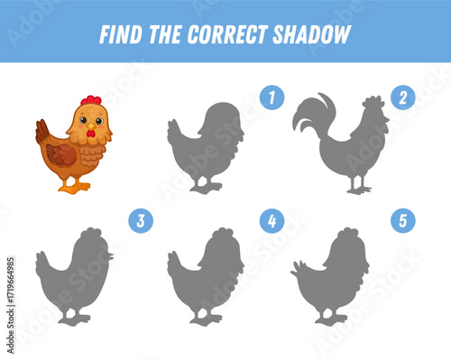 Find correct shadow of cute cartoon chicken. Educational logical game for kids. Funny bird. Vector illustration
