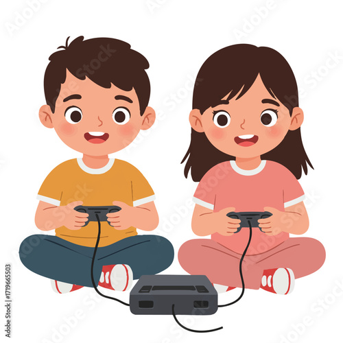 Happy young children sit side-by-side, cooperatively playing a console video game with controllers, in a vibrant flat 2D vector on a white background.