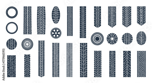 Collection of various tire tread patterns and marks on a white background