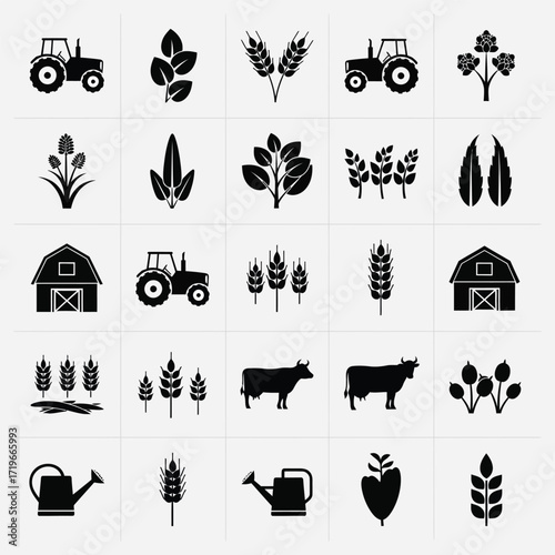 Conceptual vector icons for agriculture and farming. Includes tractors, crops, livestock, barns, and tools. Ideal for designs about rural life, food production, and agricultural concepts