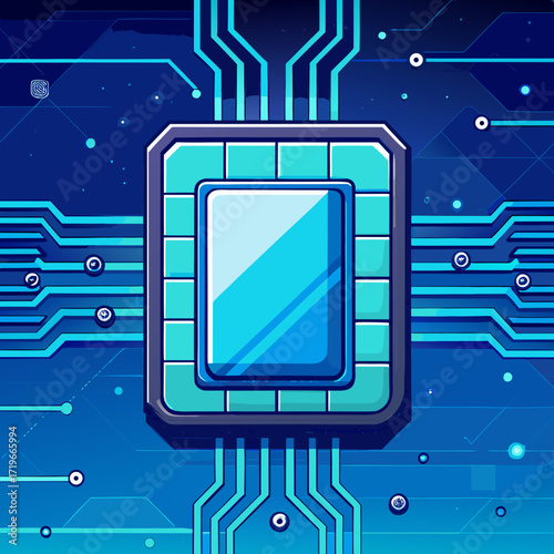 Abstract digital illustration of a central processing unit cpu chip on a blue circuit board background with glowing lines and nodes, representing technology and data flow
