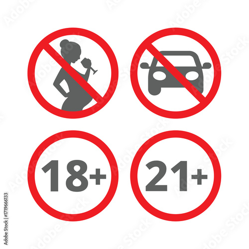 No drinking when pregnant or after using alcohol. Eighteen and twenty one plus age limit vector sign icon set.