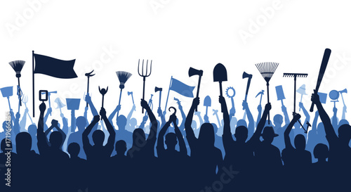 Crowd of people holding various tools and flags in the air.