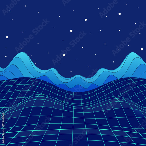 Abstract futuristic landscape with a glowing blue grid and undulating waves under a starry night sky, evoking a sense of digital exploration and cosmic wonder