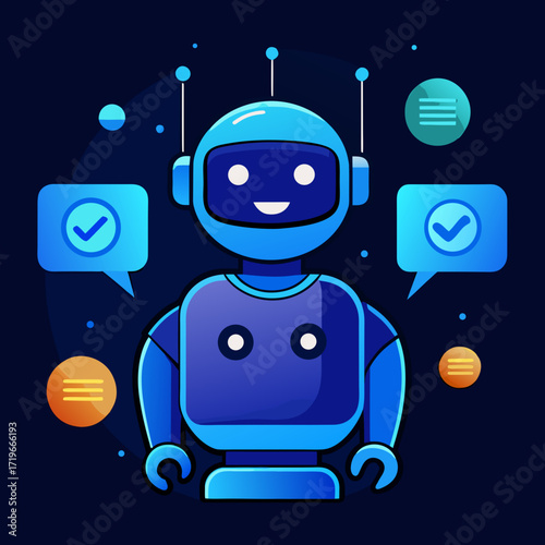 Friendly blue robot with a smiling face, surrounded by glowing orbs and chat bubbles with checkmarks, representing ai and technology
