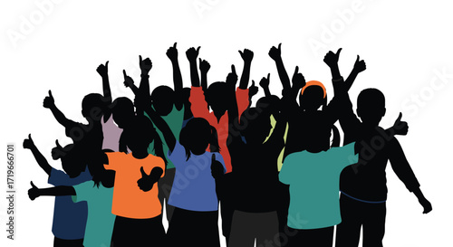 A diverse group of people with raised arms and thumbs up showing excitement and agreement.