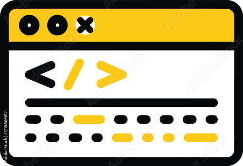 Stylized browser window displaying code snippets and icons