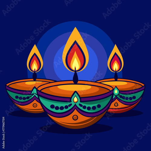 Three traditional indian diyas lit with vibrant flames, symbolizing light and celebration, set against a deep blue background with a subtle concentric circle pattern