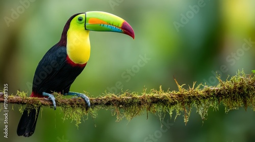 Toucan with Colorful Beak Sitting on Mossy Branch in Tropical Rainforest