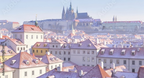 Panoramic view of Prague city with snow capped rooftops on winter day