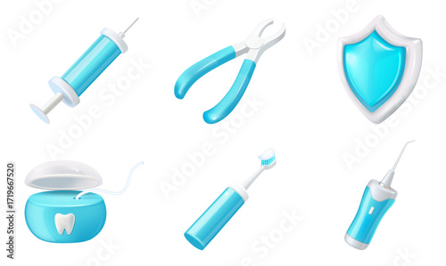 Dentistry concept set: shield, dental forceps, syringe, toothbrush, dental floss, irrigator