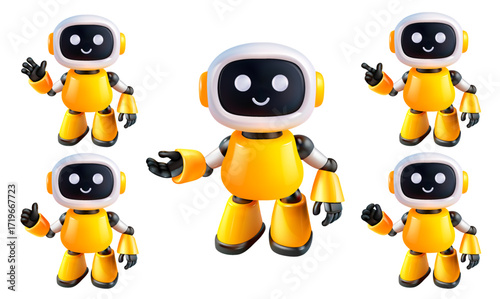 Yellow robot with different arm positions and gestures. Concept of robots, automation, artificial intelligence.
