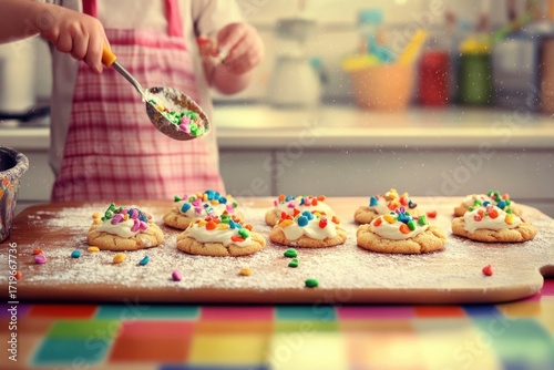 Baking colorful cookies with frosting and sprinkles in a bright kitchen