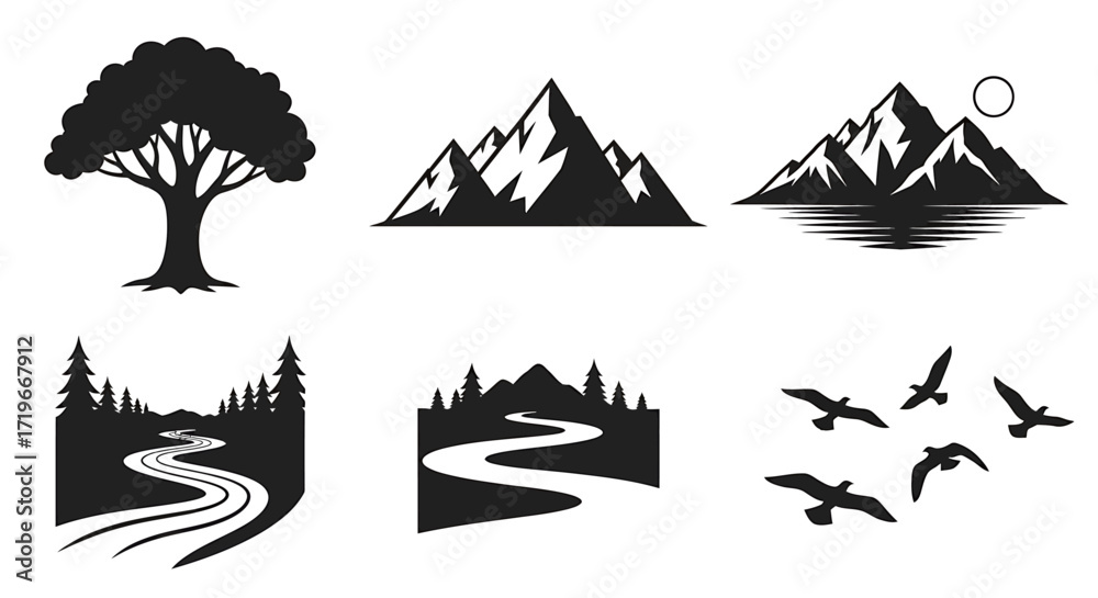 Fototapeta premium Silhouetted Nature Elements: Trees, Mountains, Rivers, and Flying Birds.