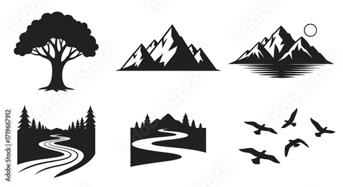 Silhouetted Nature Elements: Trees, Mountains, Rivers, and Flying Birds.