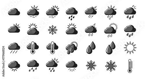 Collection of Monochrome Weather Icons: Clouds, Sun, Rain, Snow, and Temperature