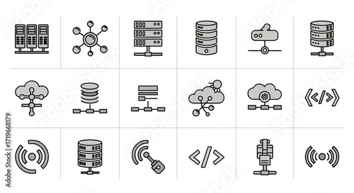 Network and Data Infrastructure Icons: Servers, Cloud, and Connectivity Elements