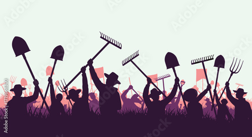 A large group of silhouetted people holding up gardening tools in a field.