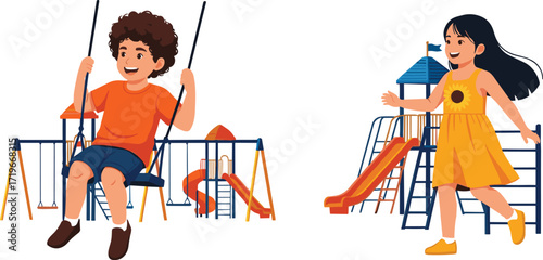Kids playing on swings, children sliding in playground, outdoor fun activities, smiling boy and girl, summer day, childhood happiness, joyful moments