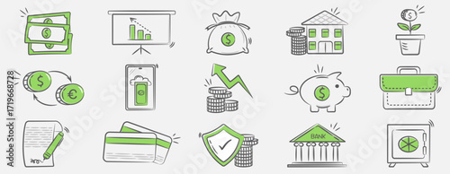 A collection of hand-drawn financial symbols representing banking, investment, and money management.