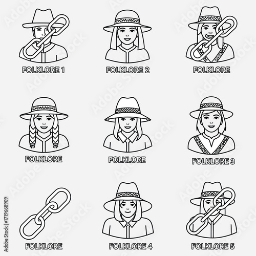 Collection of Folklore Icons with People and Chain Links, Vector Graphics