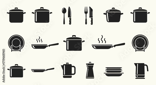 Kitchenware Icons: Pots, Pans, Plates, Cutlery, Kettle, and Pepper Grinder Collection