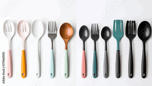 Arrangement of various colorful spoons and forks displayed on a white background.
