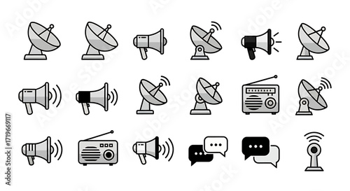 Communication Icons Set: Satellite Dishes, Megaphones, Radios, and Speech Bubbles