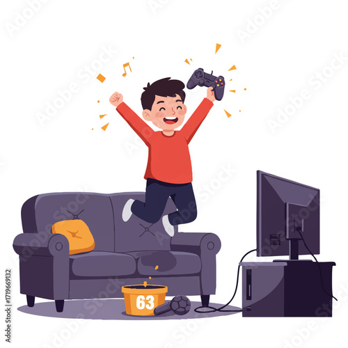 An excited small child triumphantly jumps from a sofa, holding a game controller high after winning a video game, a vibrant 2D flat vector illustration with a TV and console visible.