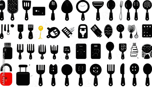 A collection of black silhouette kitchen utensils and tools, including spatulas, forks, spoons, and other cooking implements, arranged in a grid pattern.