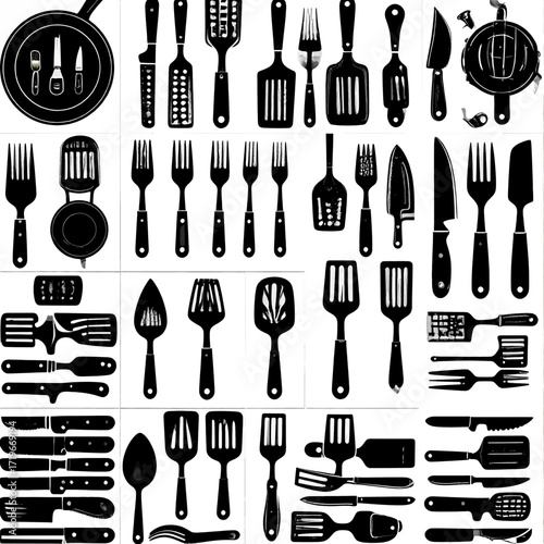 A large set of black kitchen utensil silhouettes, featuring various spatulas, forks, knives, spoons, and other cooking tools.