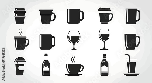 Collection of Simple Black Beverage Icons: Cups, Mugs, Glasses, and Bottles