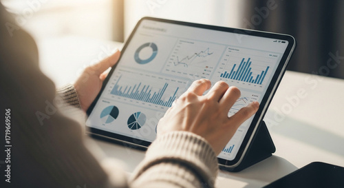 Analyzing financial data on a tablet, a person's hands interact with charts and graphs for business insights and strategy development.