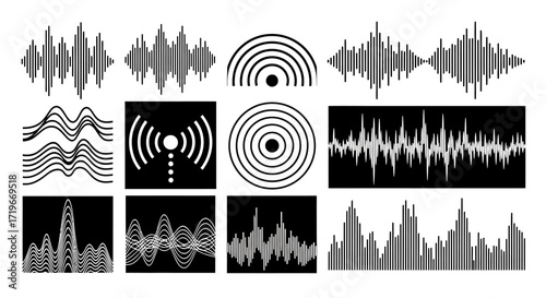 Diverse Collection of Abstract Sound Waveform and Signal Illustrations