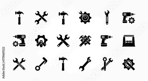 Black Silhouette Collection of Industrial Tools: Wrenches, Hammers, Drills, and Gears