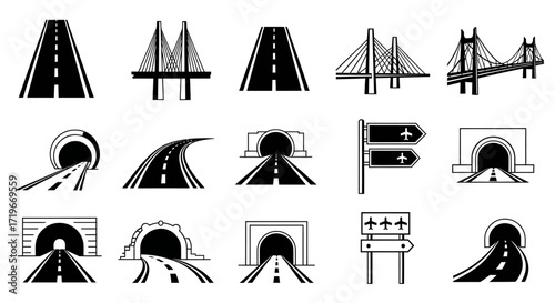 Black and White Transportation Icons Depicting Roads, Bridges, and Tunnels.