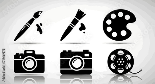 Artistic Media Icons: Paintbrushes, Palette, Cameras, and Film Reel