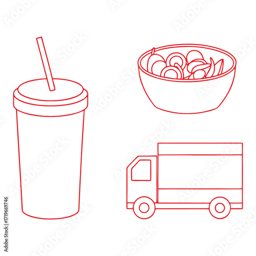 Restaurant food delivery icons featuring cup bowl and truck for seamless 