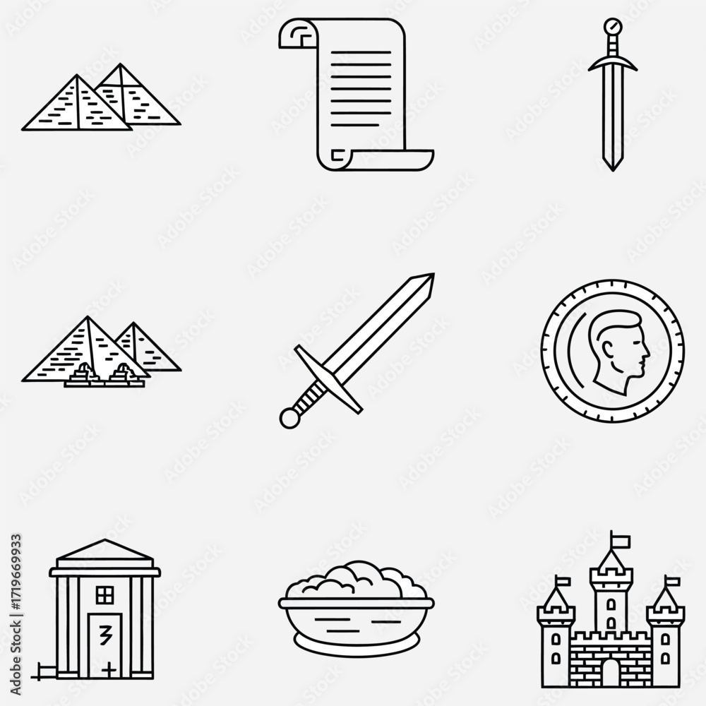 Fototapeta premium Ancient Civilizations Icons Pyramids, Scrolls, Swords, Coins, Temples, and Castles