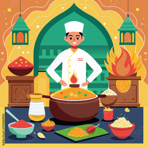 Chef preparing a delicious indian meal with spices and ingredients