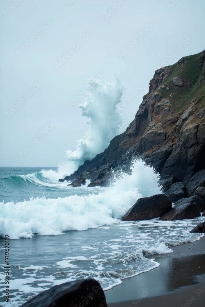 Obraz premium Ocean Waves Crashing Against Rugged Coastal Cliffs, Creating a Dramatic Seascape of Whitewater and Dark Rocks
