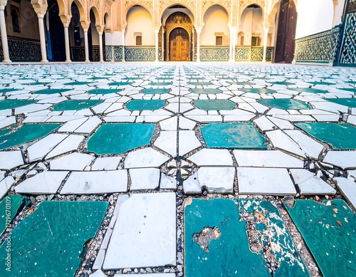 Intricate tile floor pattern in a courtyard
