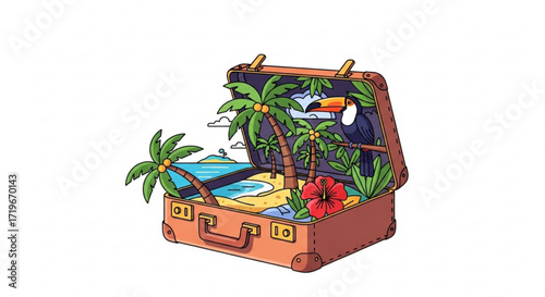 A vintage suitcase opens to reveal a tropical island paradise, , complete with palm trees, beach, and toucan