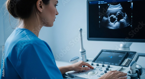 Professional radiologist intently monitors fetal ultrasound scan on modern medical equipment, capturing crucial healthcare moments.
