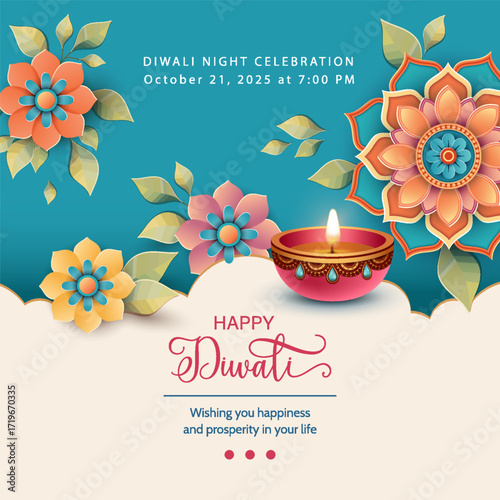 Happy Diwali banner. Happy Diwali Festival with Oil Lamp, Rangoli Decoration with Dia