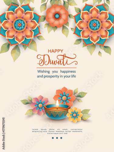 Happy Diwali Poster Template. Traditional Indian background with diya lamp. Paper graphic of Indian holiday design