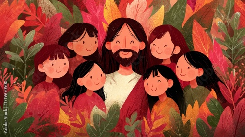 Warm artistic illustration of Jesus surrounded by children