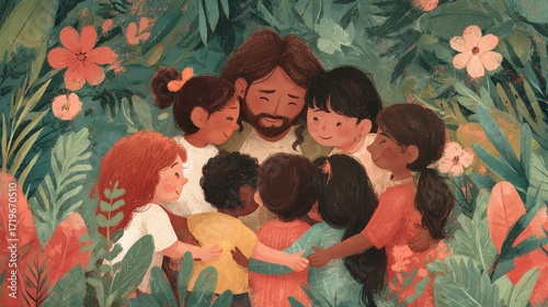 Warm artistic illustration of Jesus surrounded by children