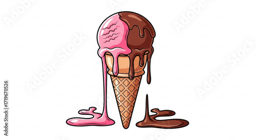 A delightful illustration of a melting double scoop ice cream cone, , featuring strawberry and chocolate flavors dripping down